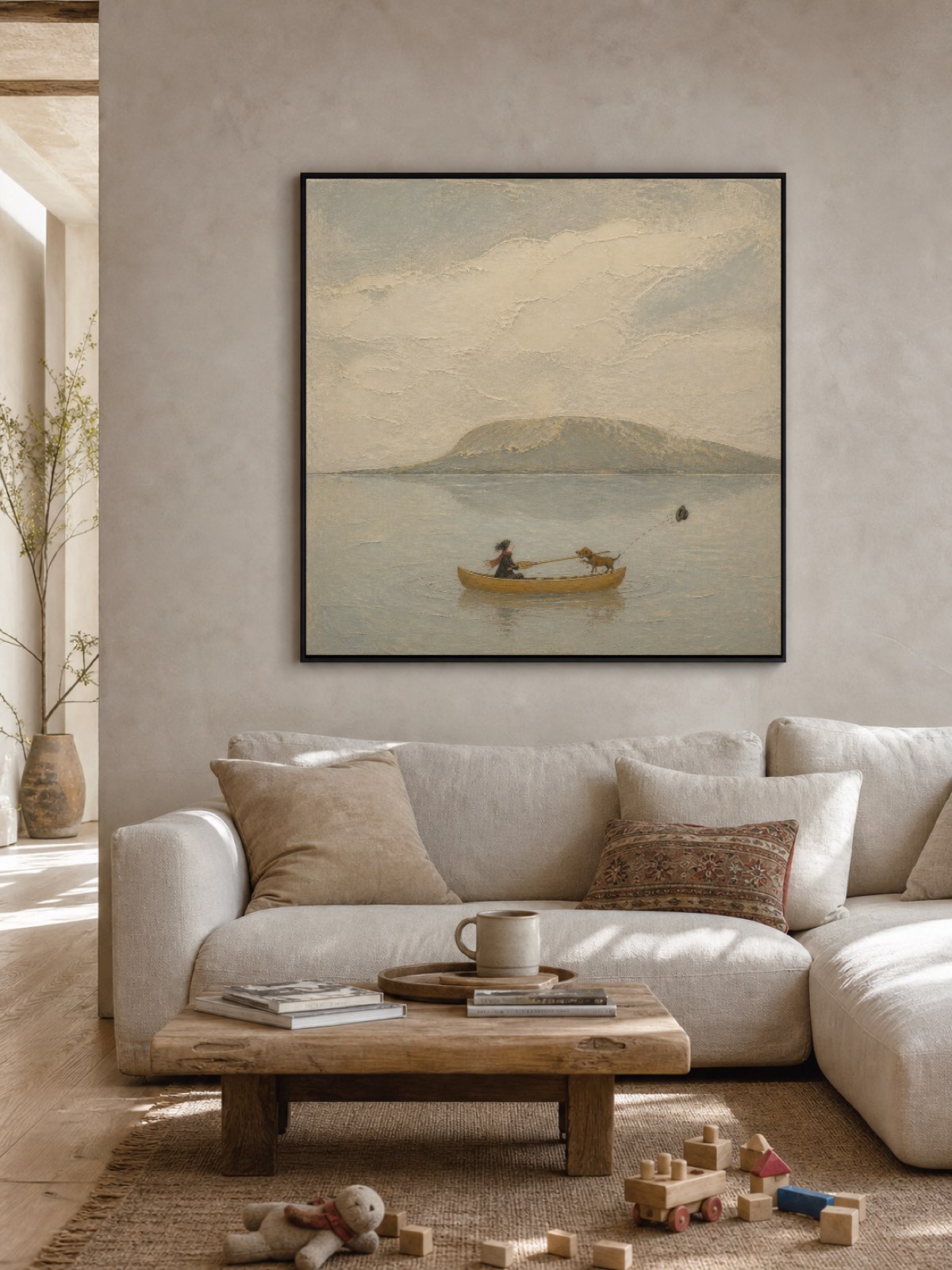 Whimsical Abstract Dog Travel Painting With Canoe Outdoor Adventure Home Decor