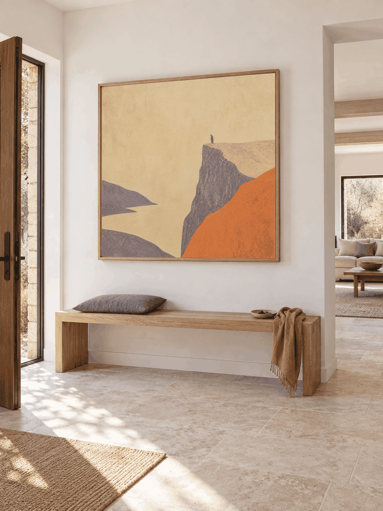Hand Painted Minimalist Coastal Cliff Oil Painting With Tiny Figure Wall Art
