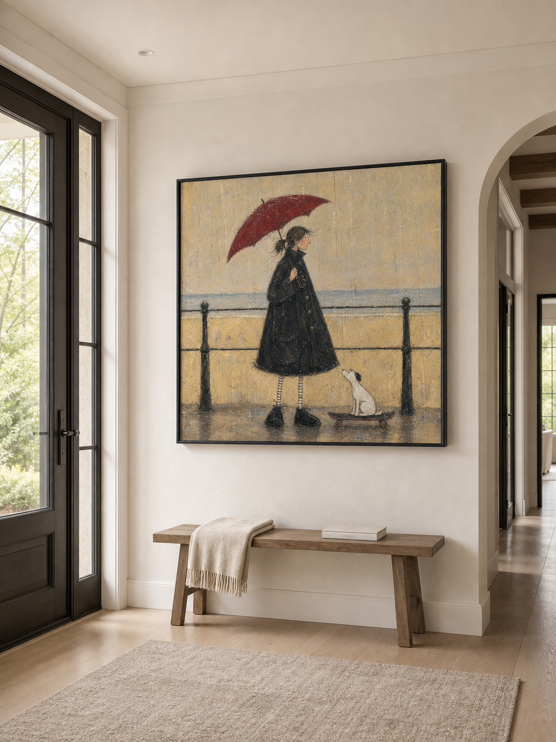 Large Minimalist Art Rainy Day Woman With Red Umbrella Framed Oil Painting
