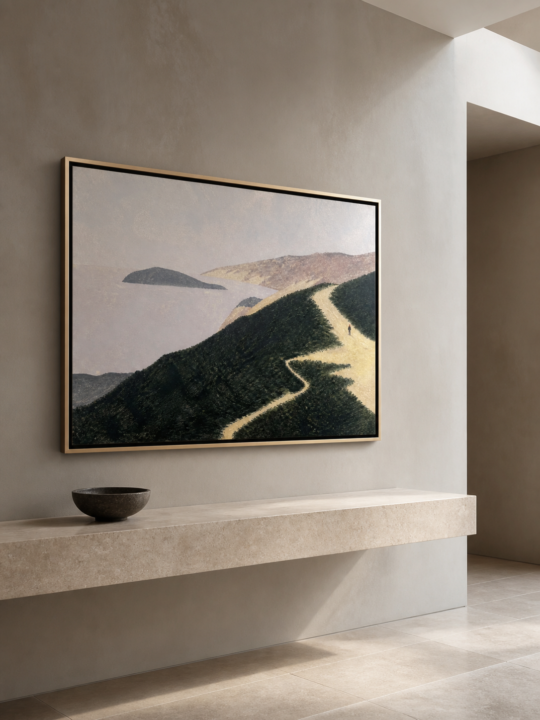 Minimalist Landscape Painting With Lone Figure On Coastal Path Hand-Painted Canvas Art