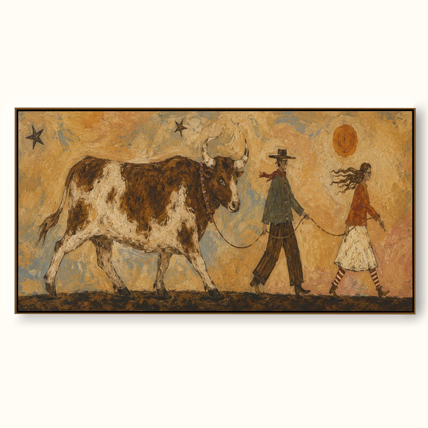 Original Handmade Western Oil Painting Large Vintage Cow Art Framed Ready To Hang