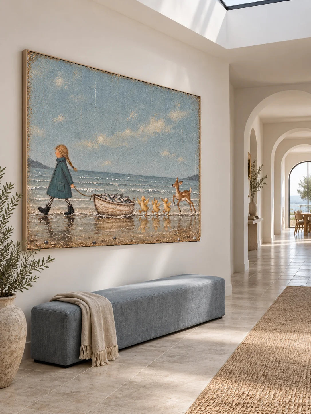 Whimsical Girl And Animals Coastal Canvas Painting Hand-Painted Wall Art