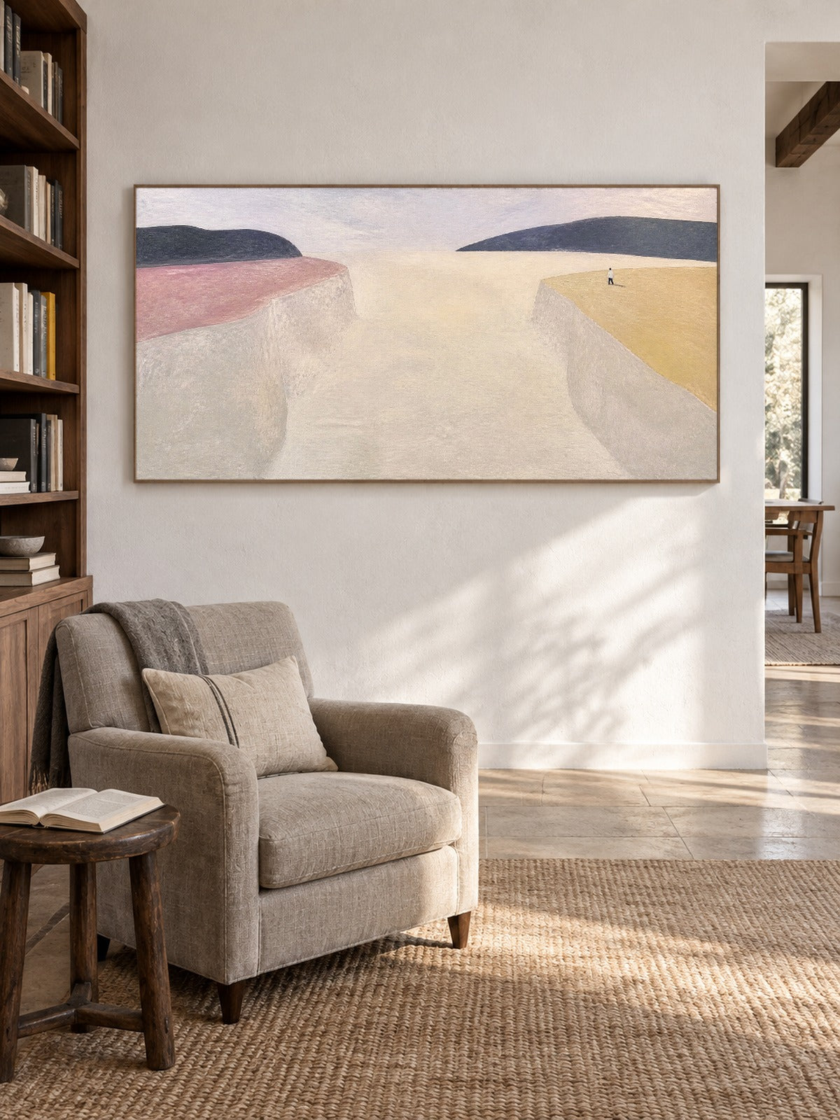Minimalist Beige Canyon Canvas Art With Lone Figure For Living Room Decor