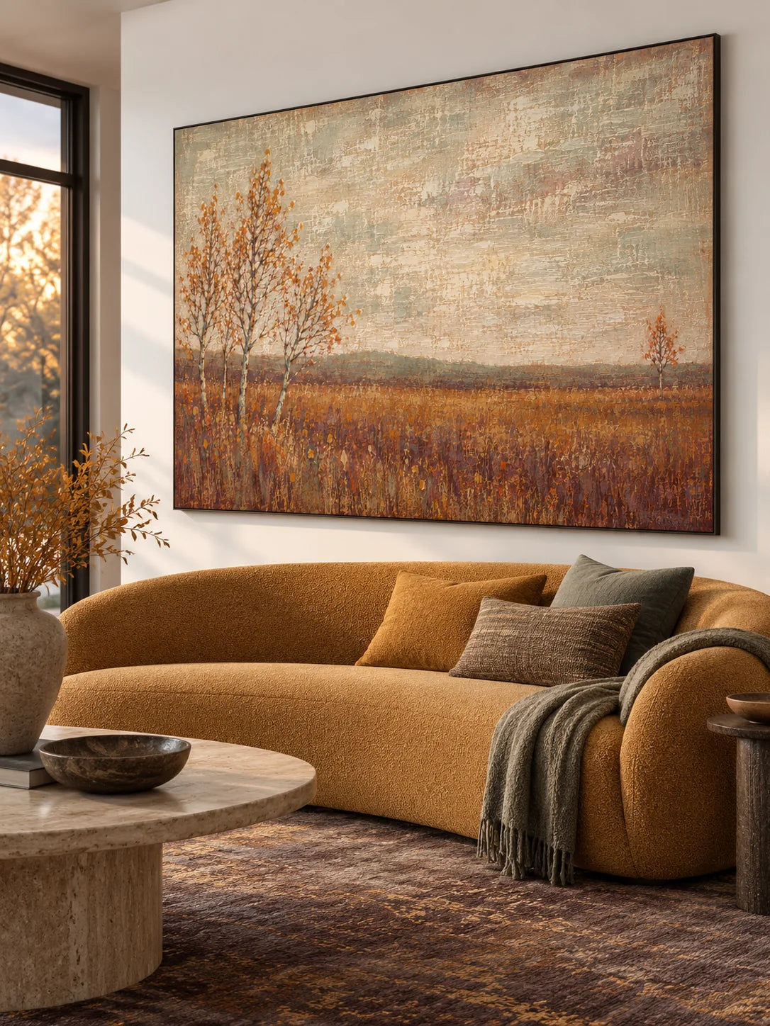 Minimalist Autumn Meadow Painting Large Neutral Beige And Rust Landscape Artwork