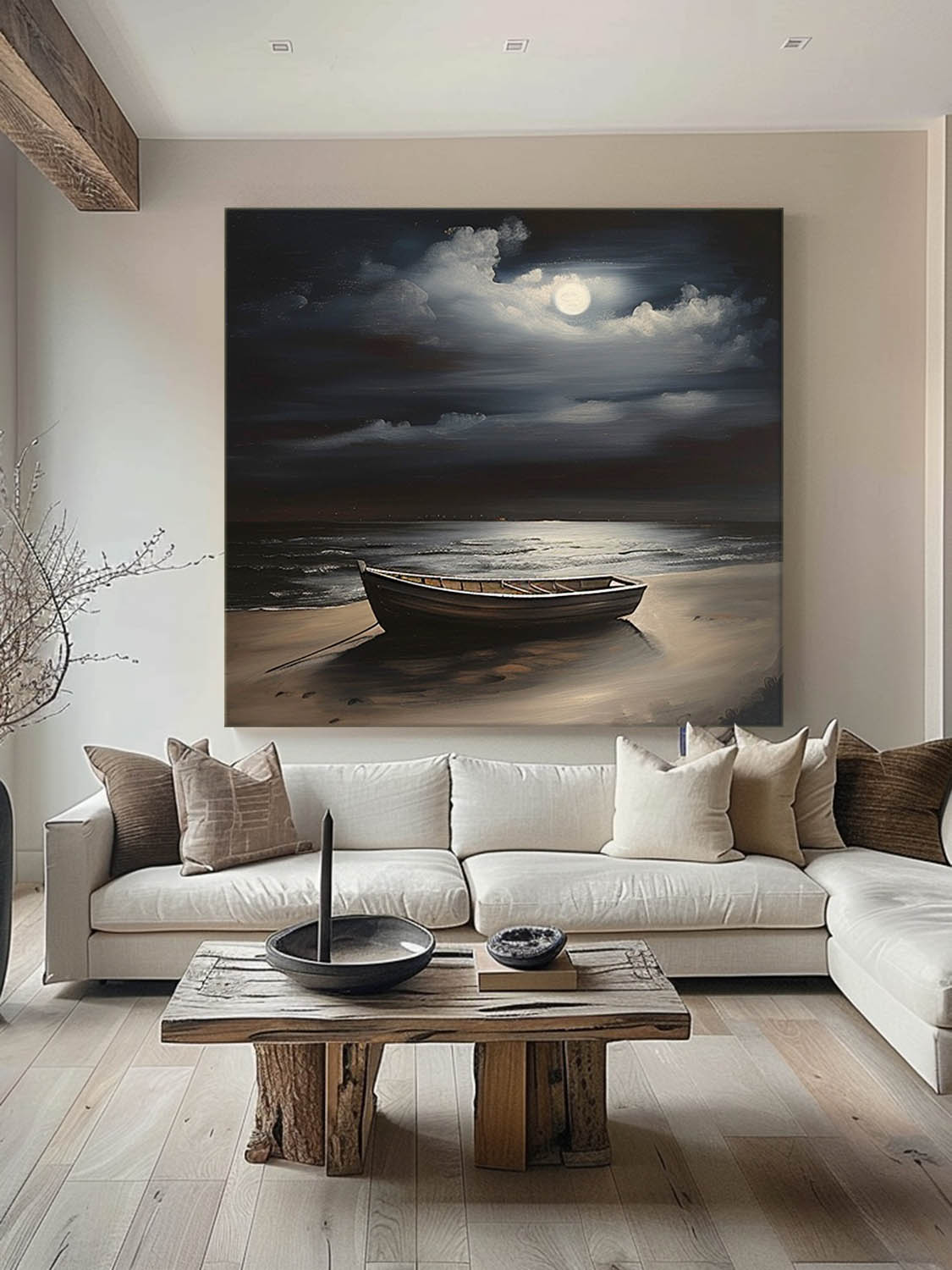 Moonlight Ocean Retro Painting Hand Drawn Night Ocean Wall Art Large Sea Moon Ship Oil Painting