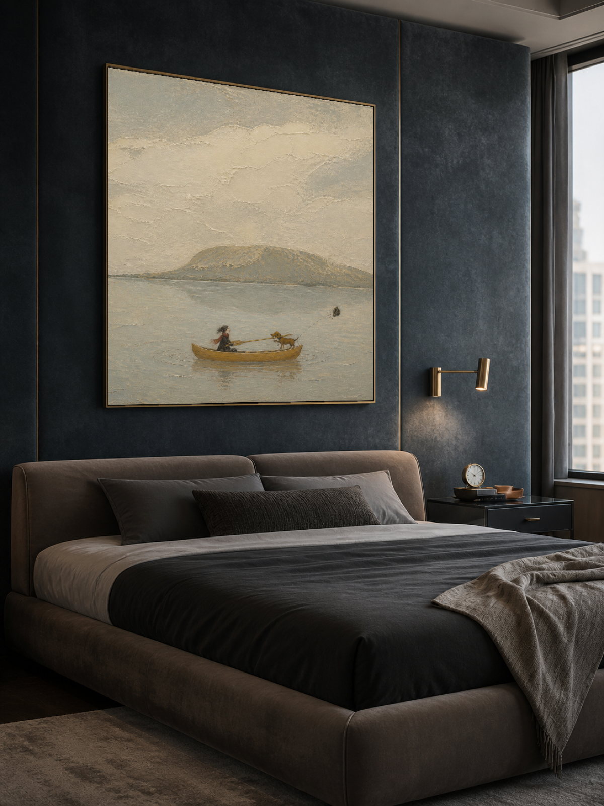 Whimsical Abstract Dog Travel Painting With Canoe Outdoor Adventure Home Decor