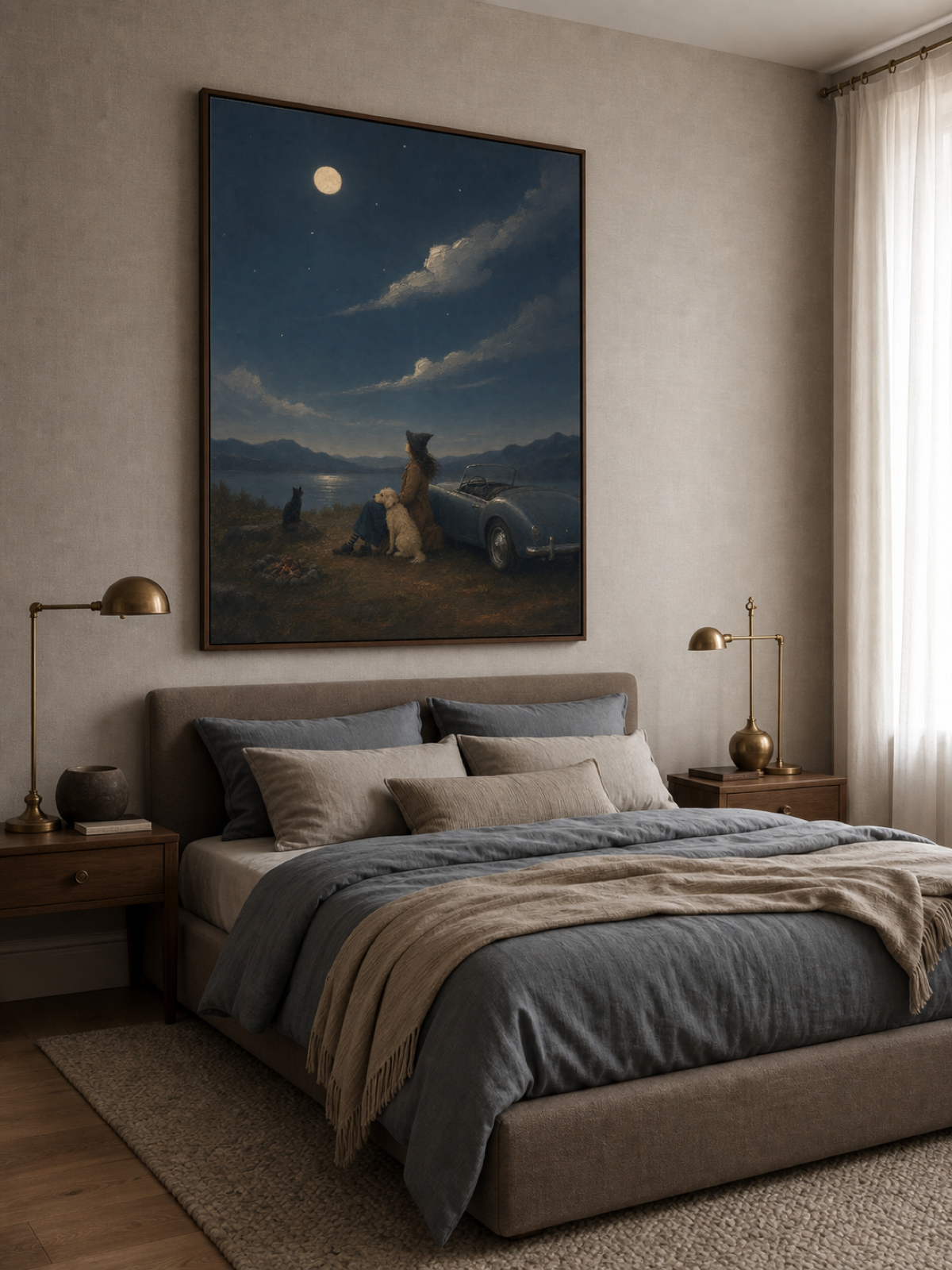 Vintage Car Painting With Dog And Moonlight Night Scene Wall Art For Living Room Decor