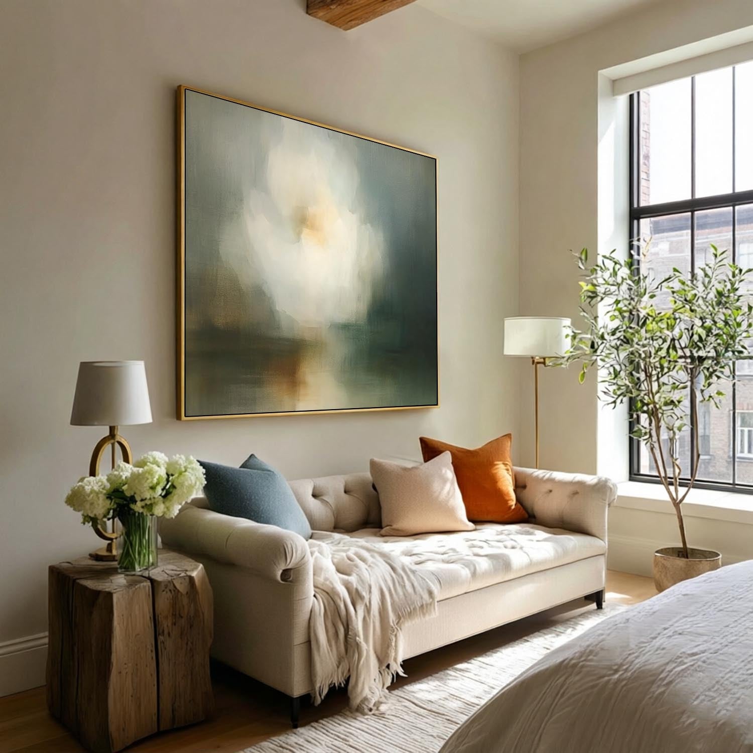 Minimalist Abstract Floral Oil Painting In Soft Green And Blue For Bedroom Decor