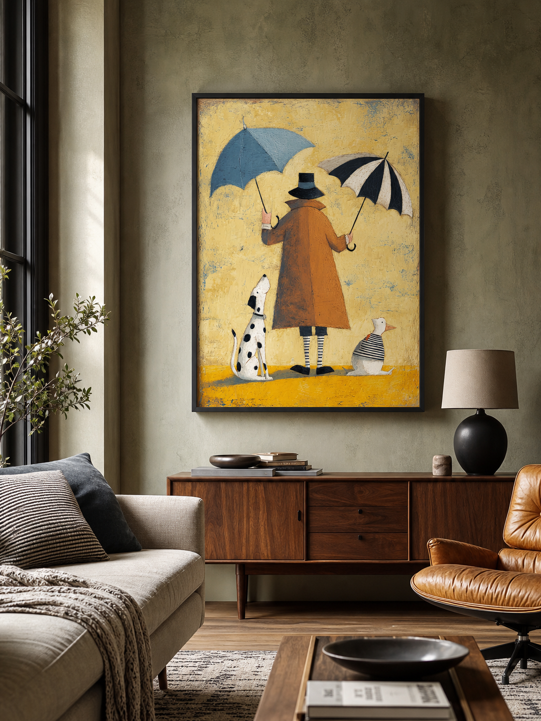 Whimsical Abstract Oil Painting With Dog And Duck In Square Format For Modern Home Decor