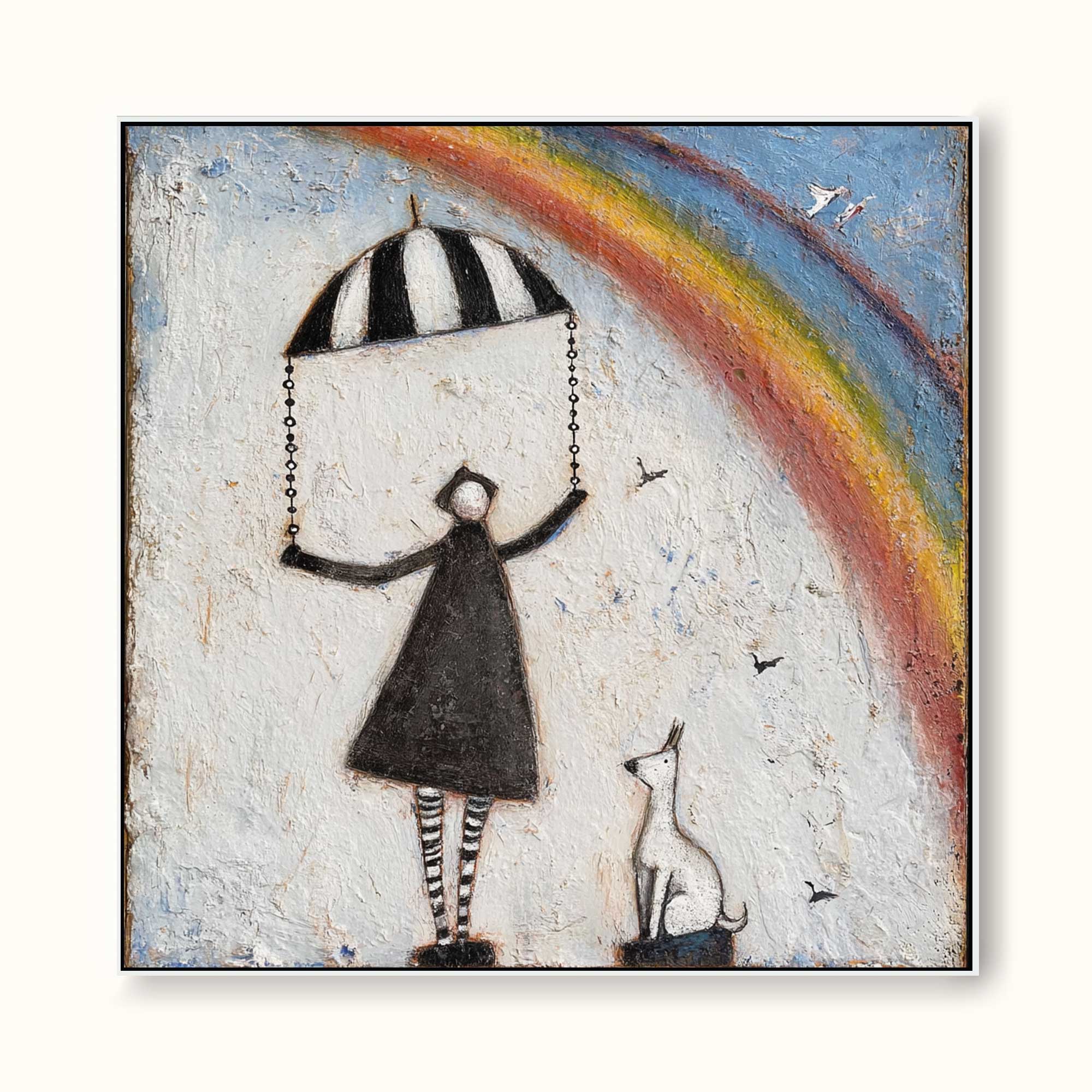 Original Vintage Canvas Art With Striped Umbrella And Dog For Creative Living Rooms