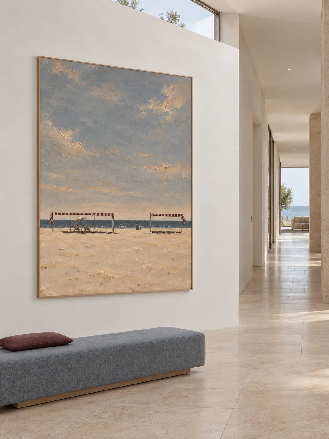 Serene Minimalist Beach Canvas Art In Blue And Beige For Bedroom Decor
