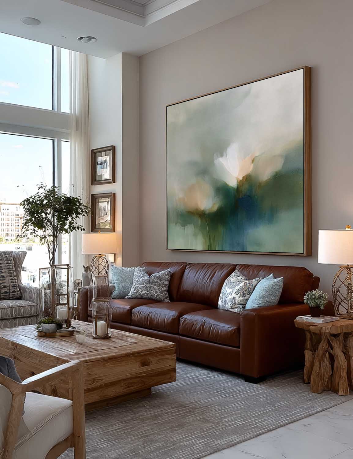 Minimalist Abstract Flower Art With Textured Linen Canvas Neutral Wall Decor