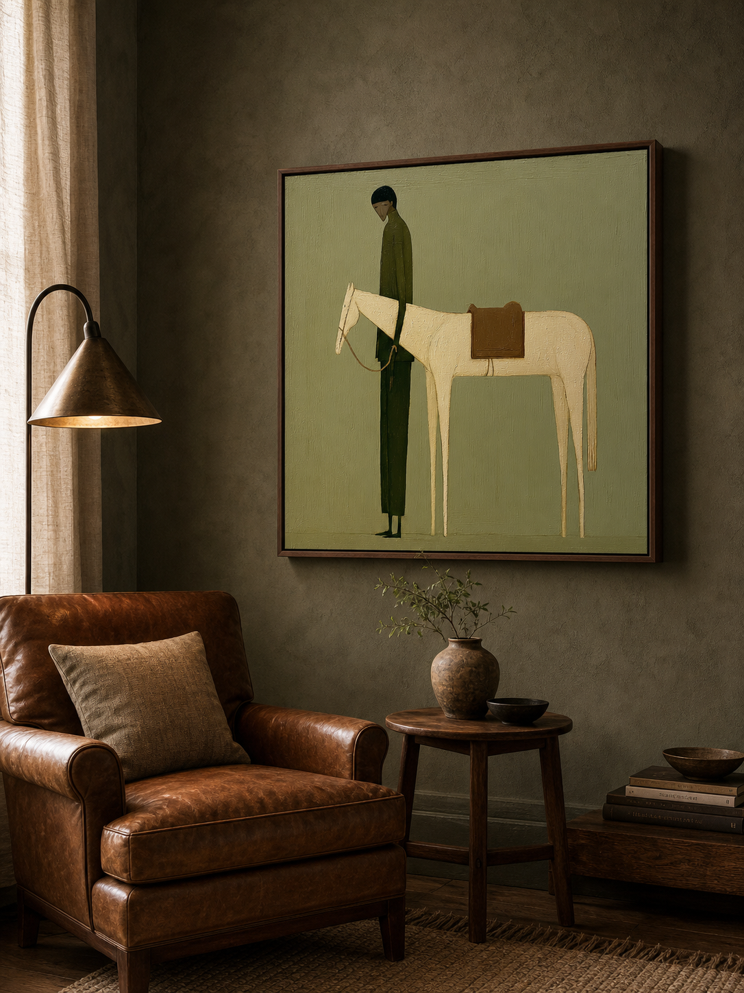 Vintage Green Horse Painting Original Oil On Linen For Modern Home Decor