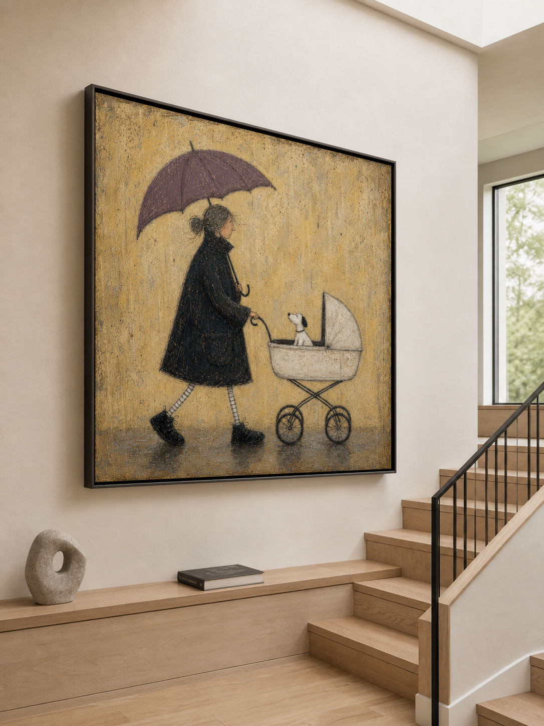 Vintage Minimalist Woman And Pet Wall Art Textured Acrylic Painting For Modern Living Room