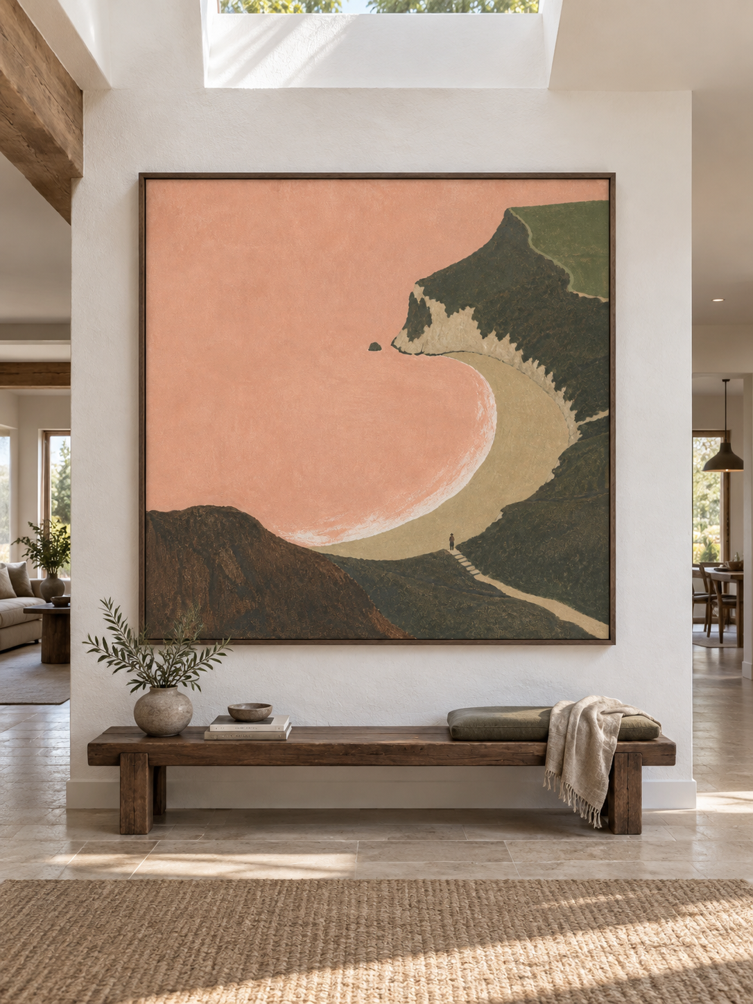 Solitary Figure On Cliffside Path Overlooking Pink Bay Canvas Painting