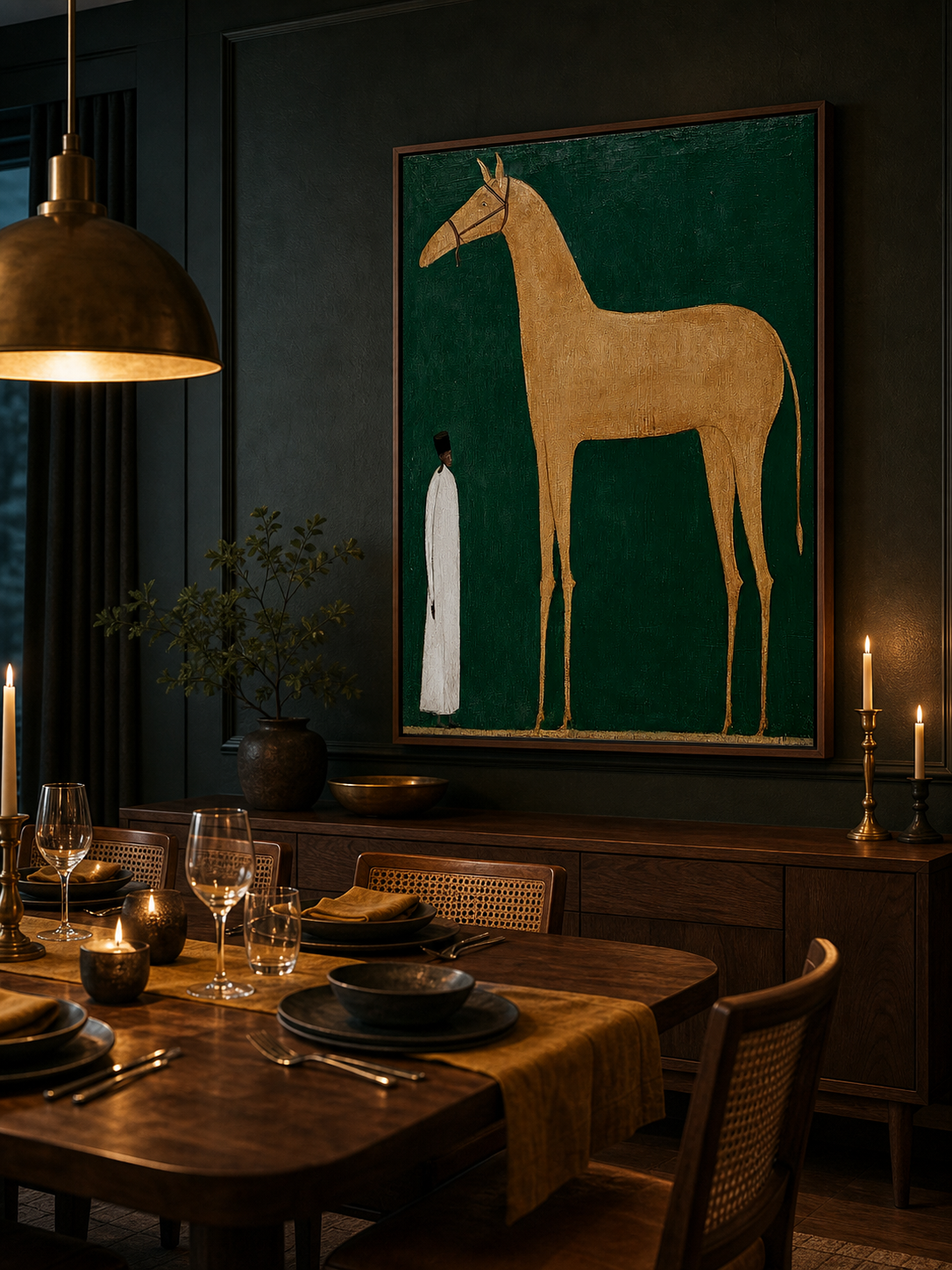 Vintage Minimalist Horse Painting With Figure In Green And Beige For Modern Living Room Decor
