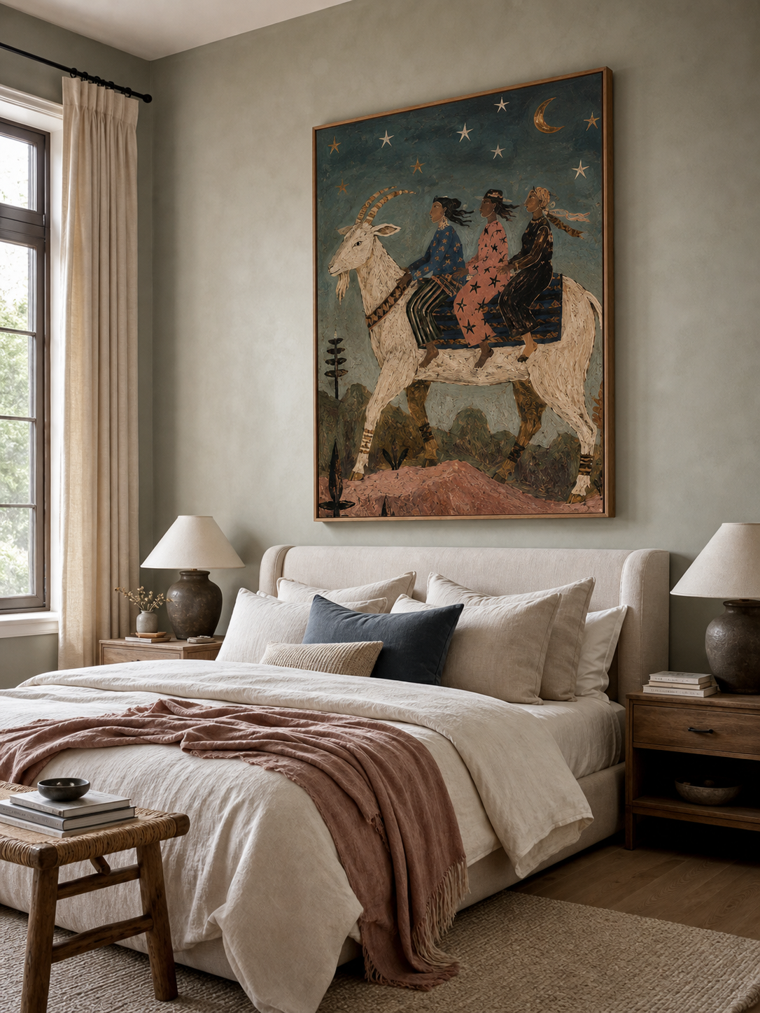Hand Painted Bohemian Folk Art With Mythical Goat And Stars For Living Room Wall