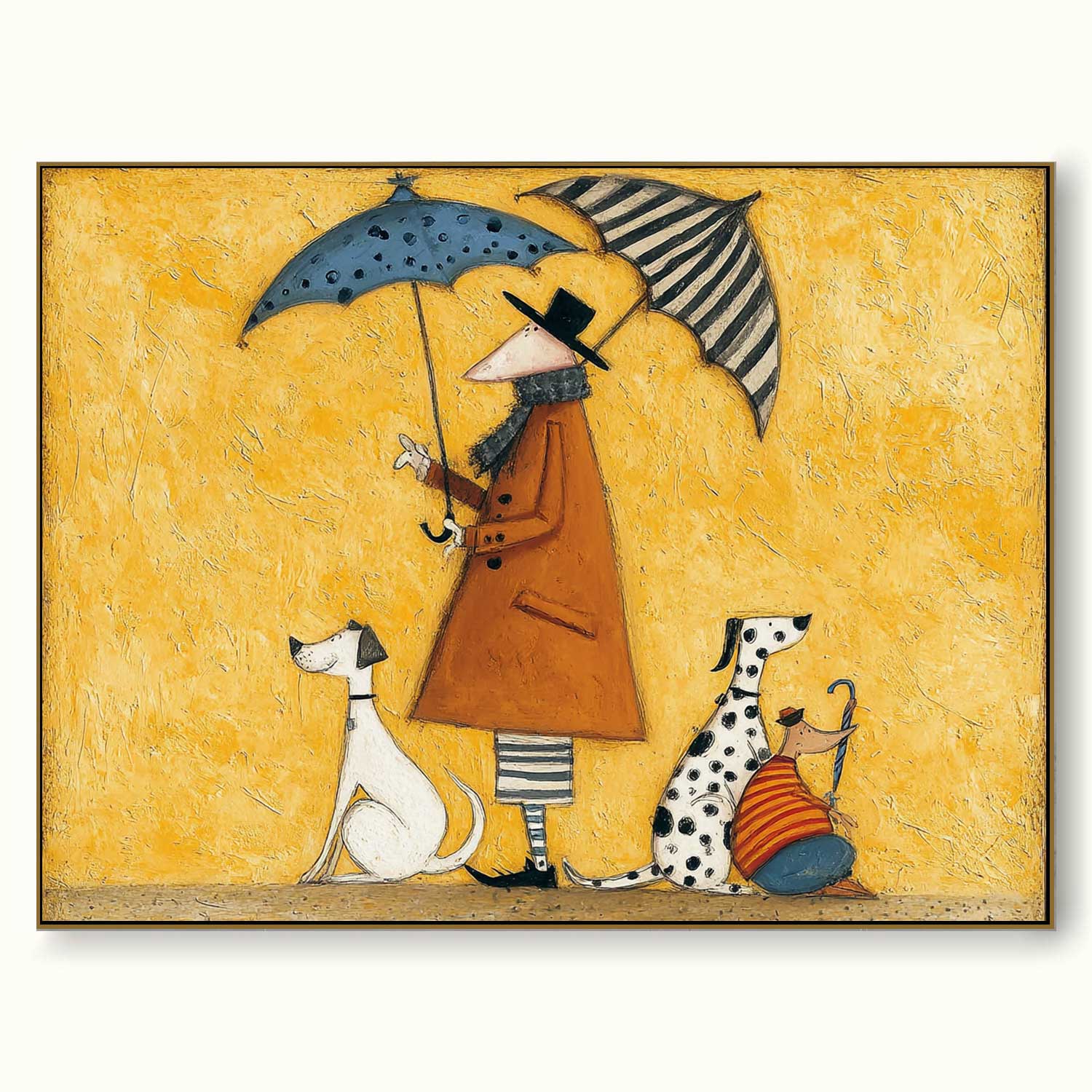 Whimsical Abstract Figure With Dogs Under Umbrellas Original Oil Painting On Linen Canvas For Eclectic Interior Decor