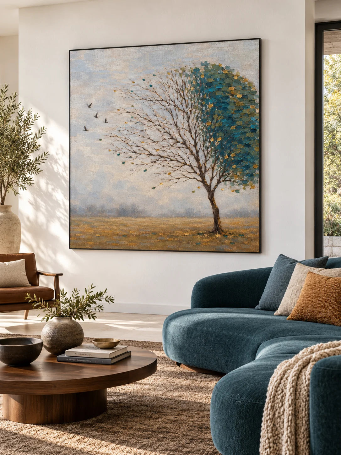 Minimalist Teal Tree Landscape Painting Large Hand Painted Modern Wall Art Canvas