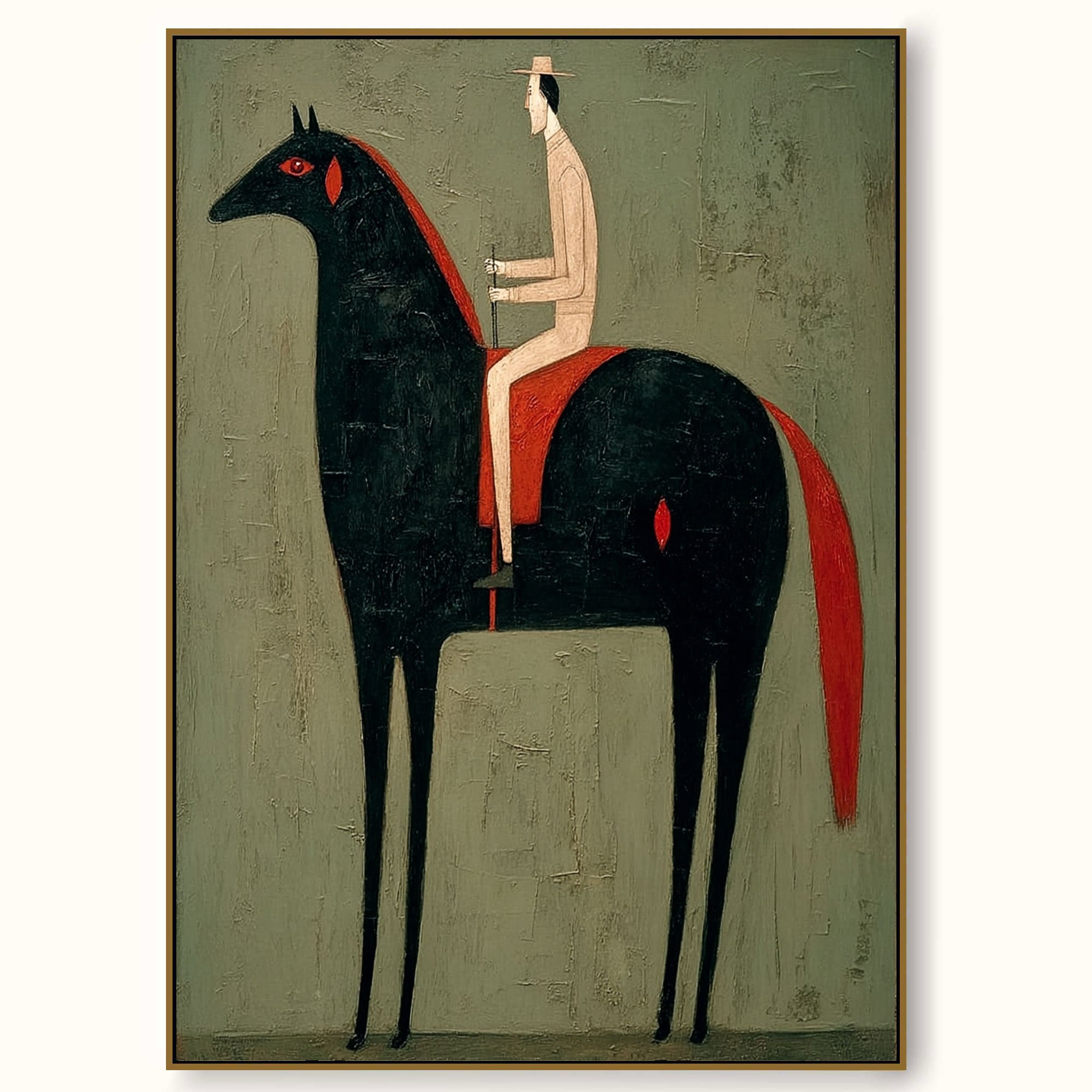 Vintage Equestrian Oil Painting Black Horse And Rider Vertical Canvas Wall Art For Living Room Decor