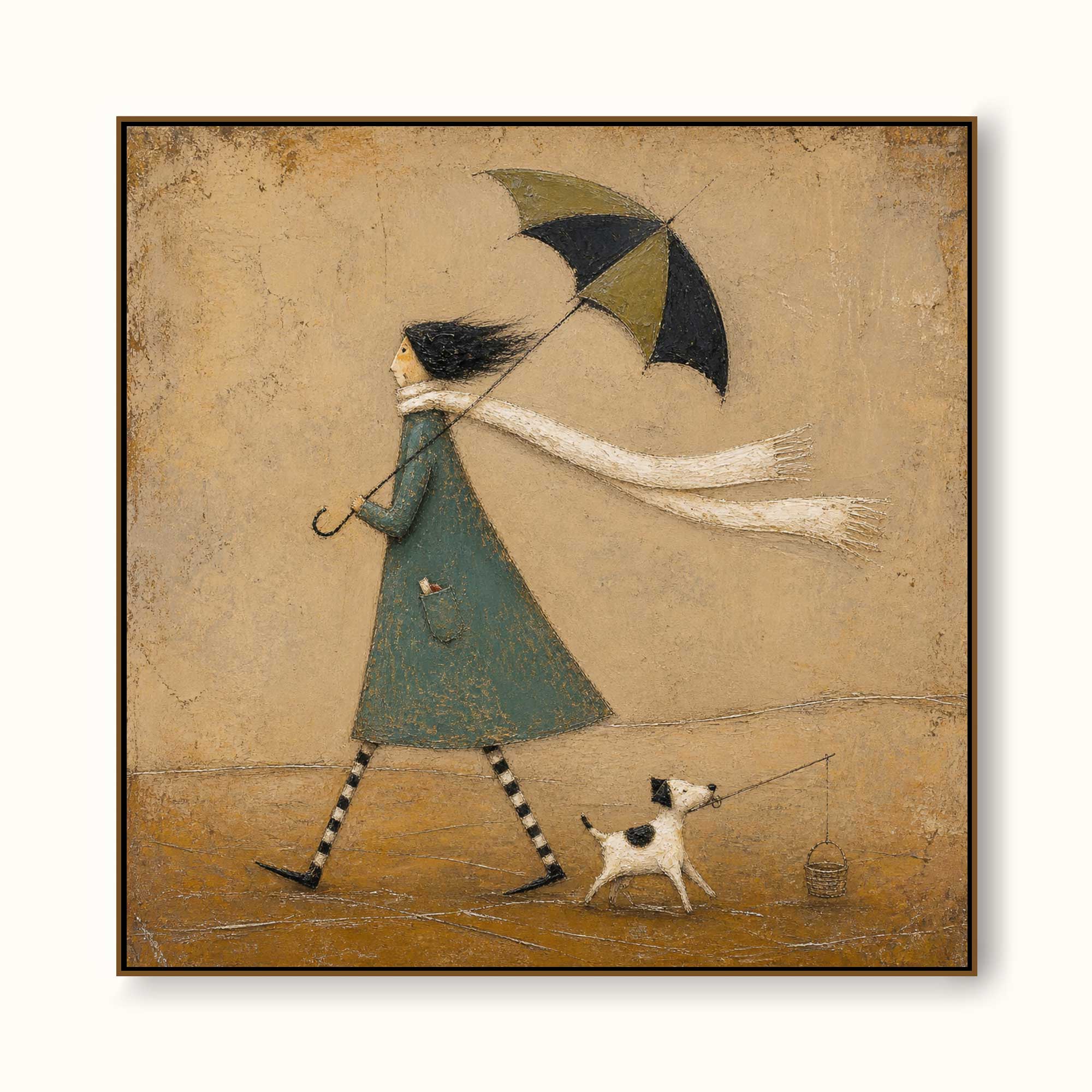 Original Hand Painted Umbrella Dog Fishing Painting Whimsical Storybook Wall Art