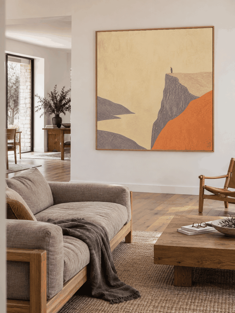 Hand Painted Minimalist Coastal Cliff Oil Painting With Tiny Figure Wall Art