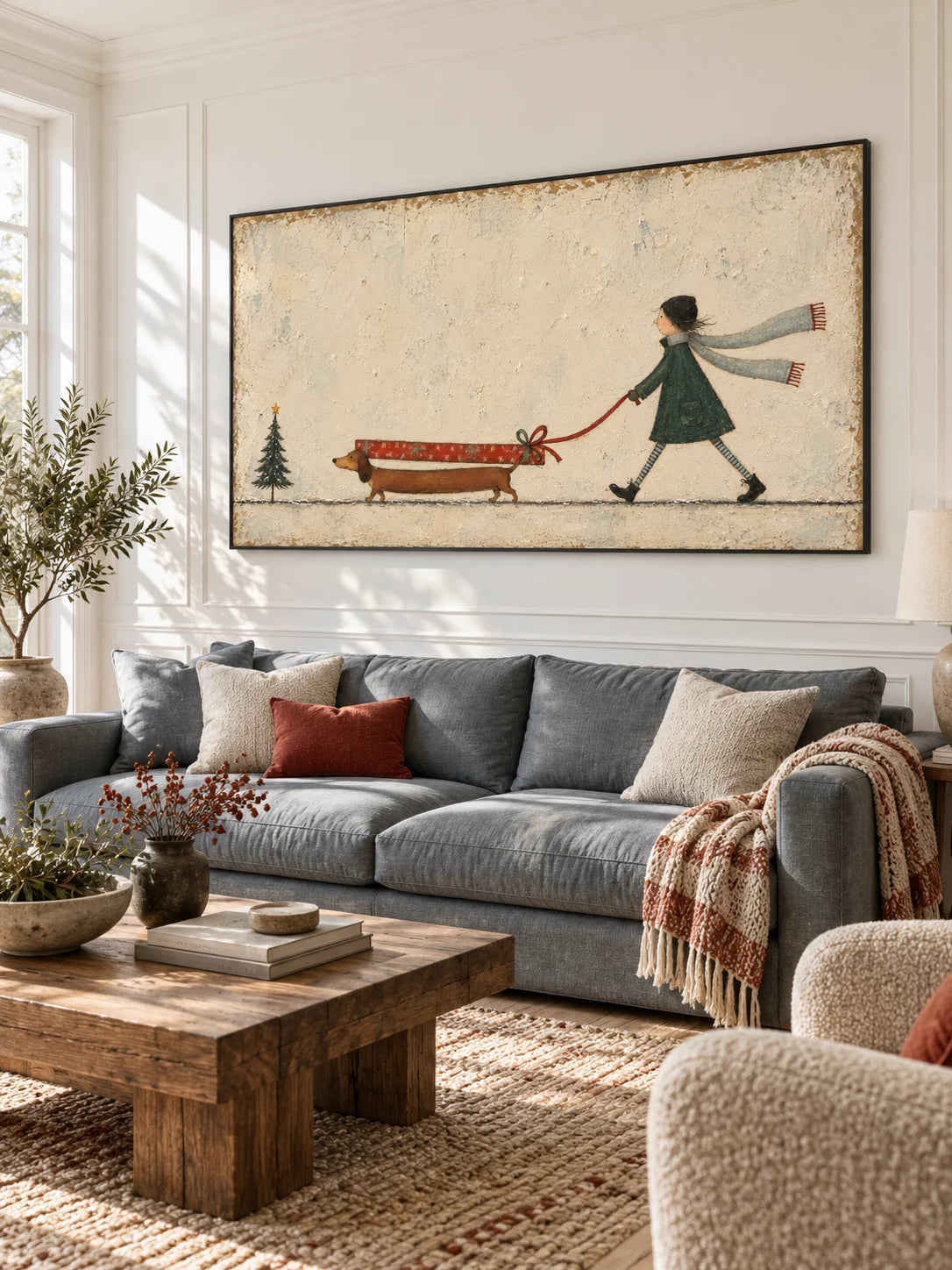 Hand-Painted Dachshund Christmas Art With Girl And Gift Canvas