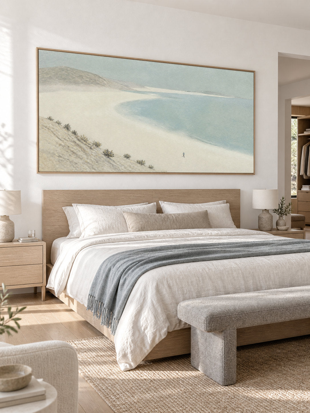 Contemporary Curved Shore Canvas Painting For Modern Coastal Bedroom Decor