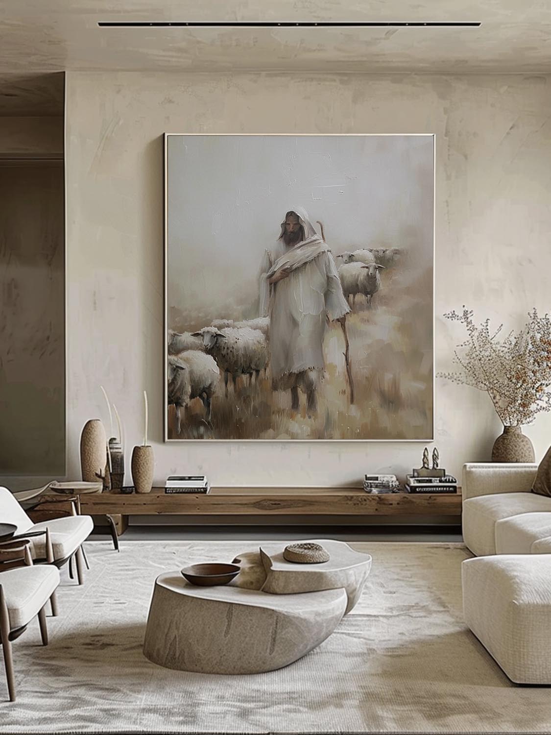 Minimalist Christian Canvas Art Jesus Christ The Shepherd Wall Art Hand Drawn Neutral Tone Jesus Oil Painting