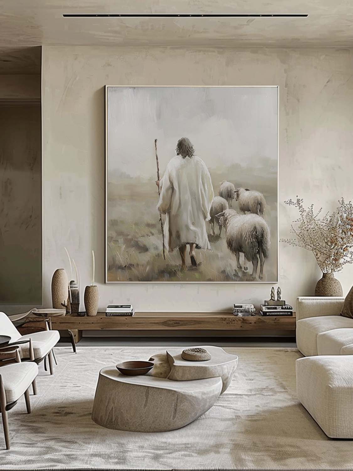 Jesus Christ Shepherd Oil Painting Original Jesus Shepherd Wall Art Neutral Tone Jesus Acrylic Painting