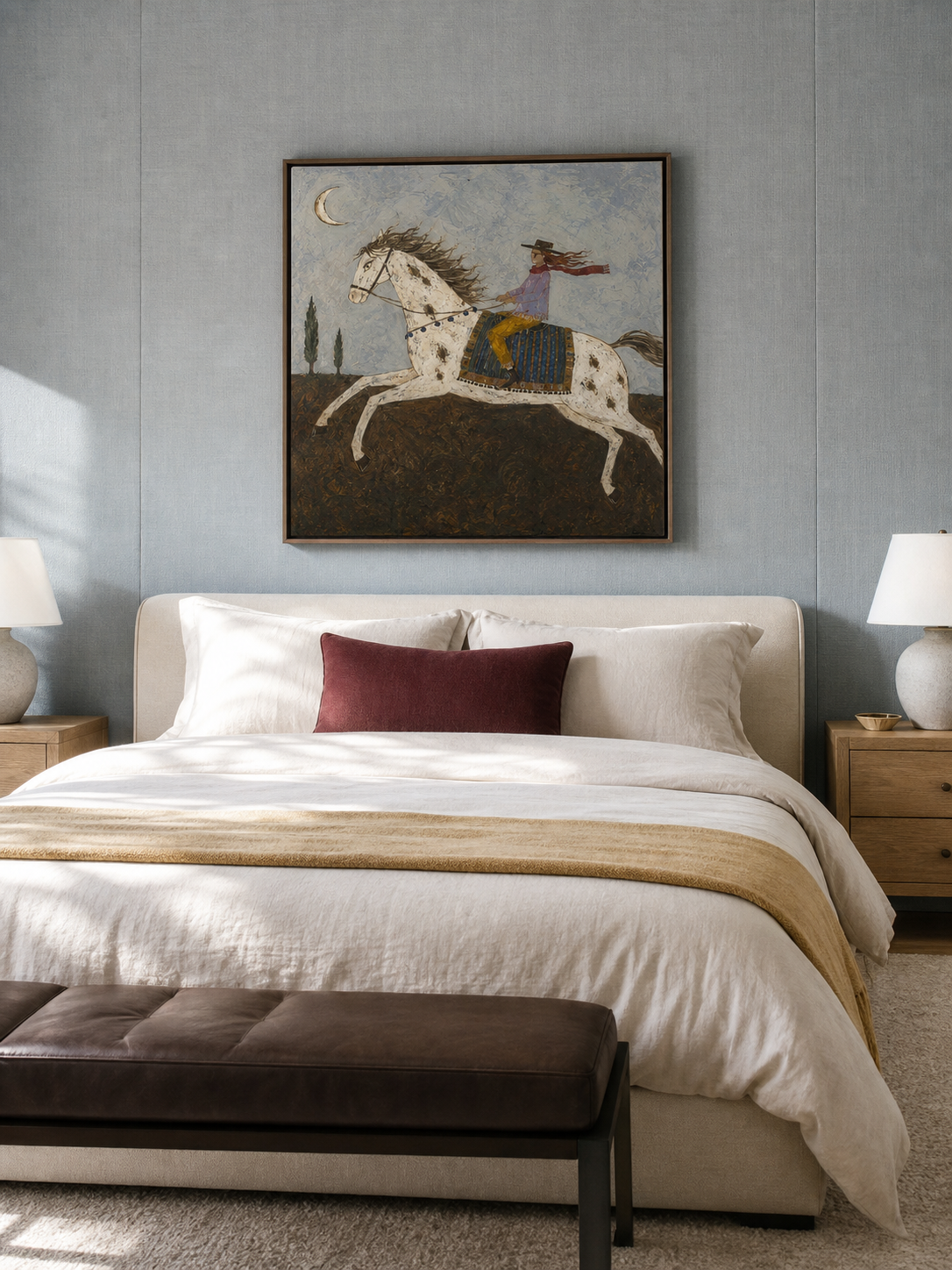 Hand Painted White Horse Night Ride Painting Western Folk Wall Art Bohemian Equestrian Artwork