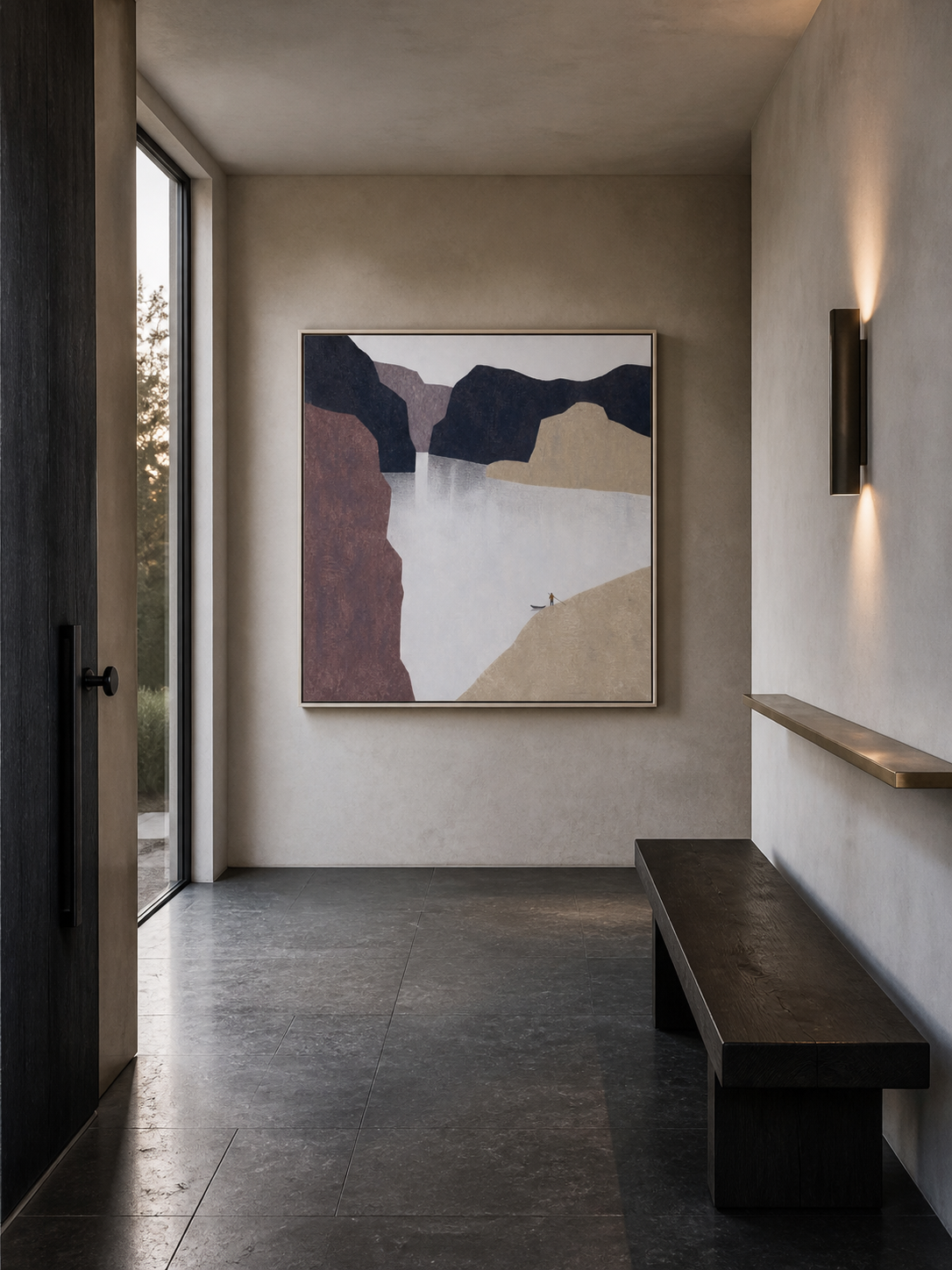 Hand Painted Minimalist Abstract Figure Fjord Landscape Large Wall Art
