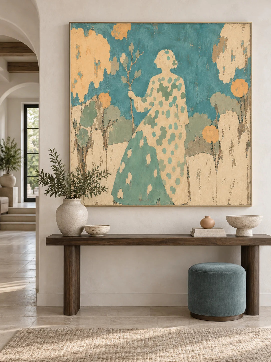 Woman In Garden Turquoise Canvas Painting Hand-Painted Wall Art