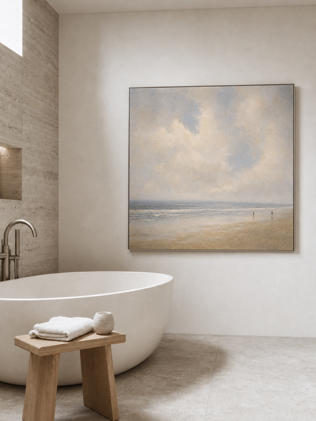Handmade Neutral Ocean View Canvas Art Minimalist Coast Oil Painting