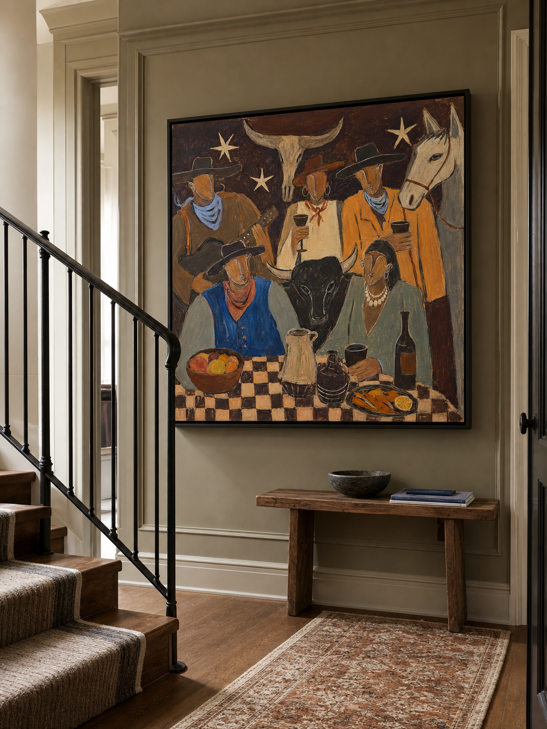 Hand Painted Cowboy Gathering Painting Southwestern Folk Table Scene Wall Art Rustic Western Artwork