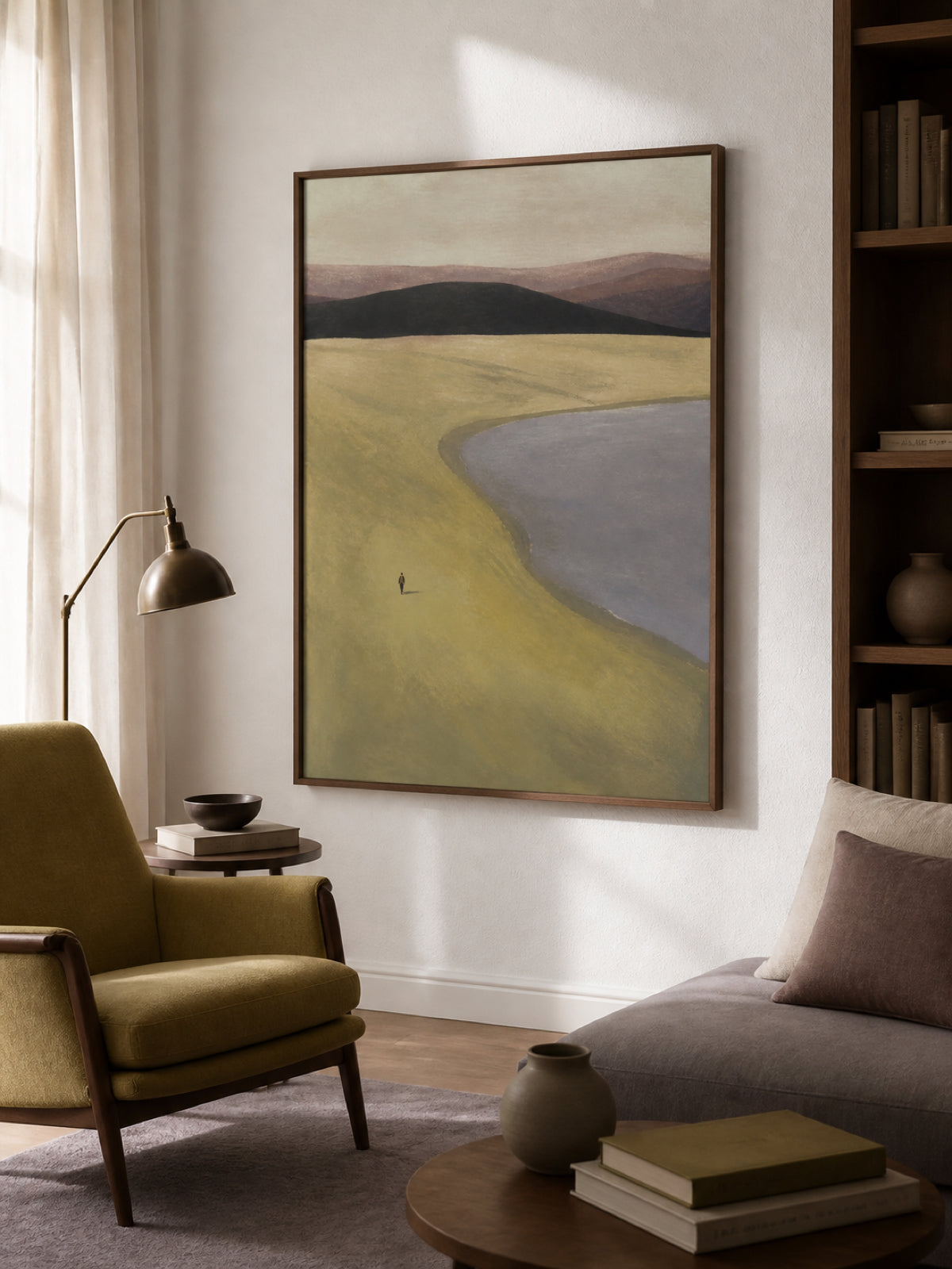 Olive Green Lakeside With A Lone Walker And Distant Hills Framed Painting