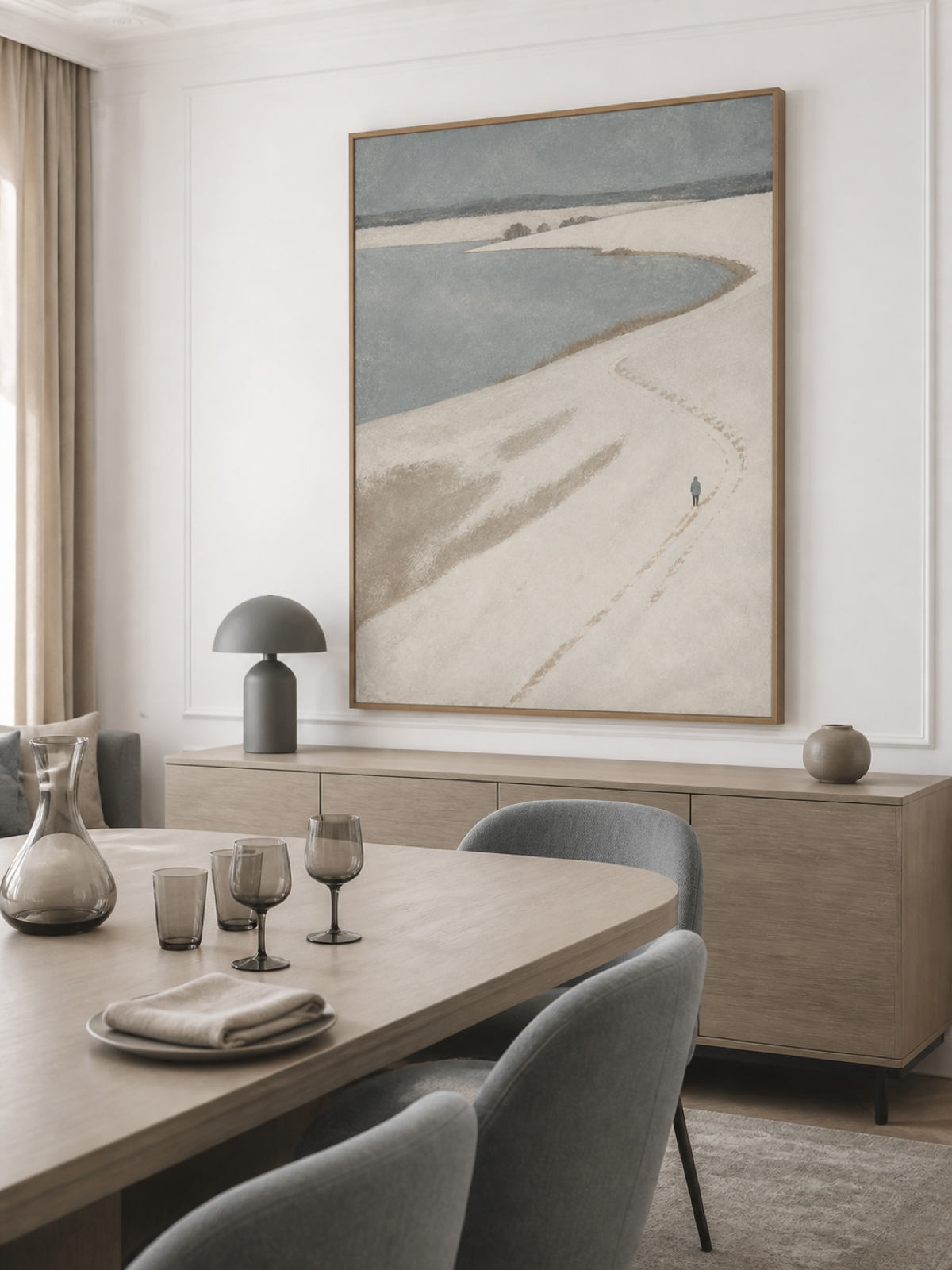 Solitary Walker Following A Snowy Coastal Path Contemporary Oil Painting
