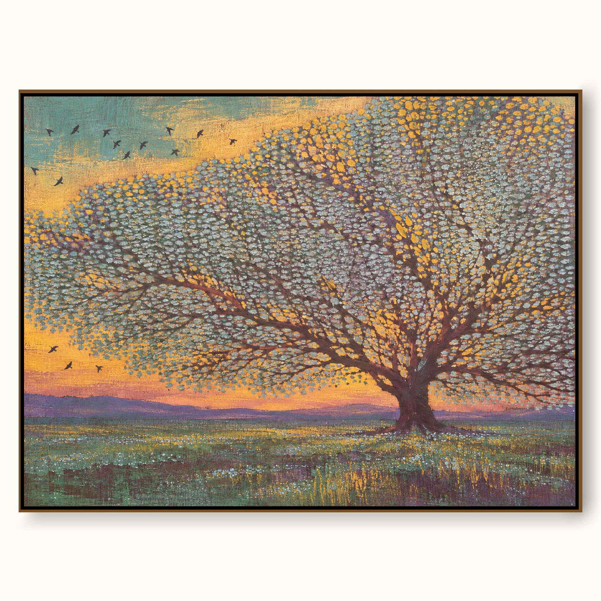 Contemporary Teal And Gold Tree Painting Large Textured Sunset Landscape Artwork