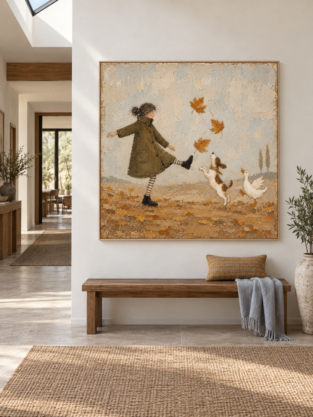 Autumn Leaf Dance Canvas Art With Dog And Duck For Cozy Living Room Decor