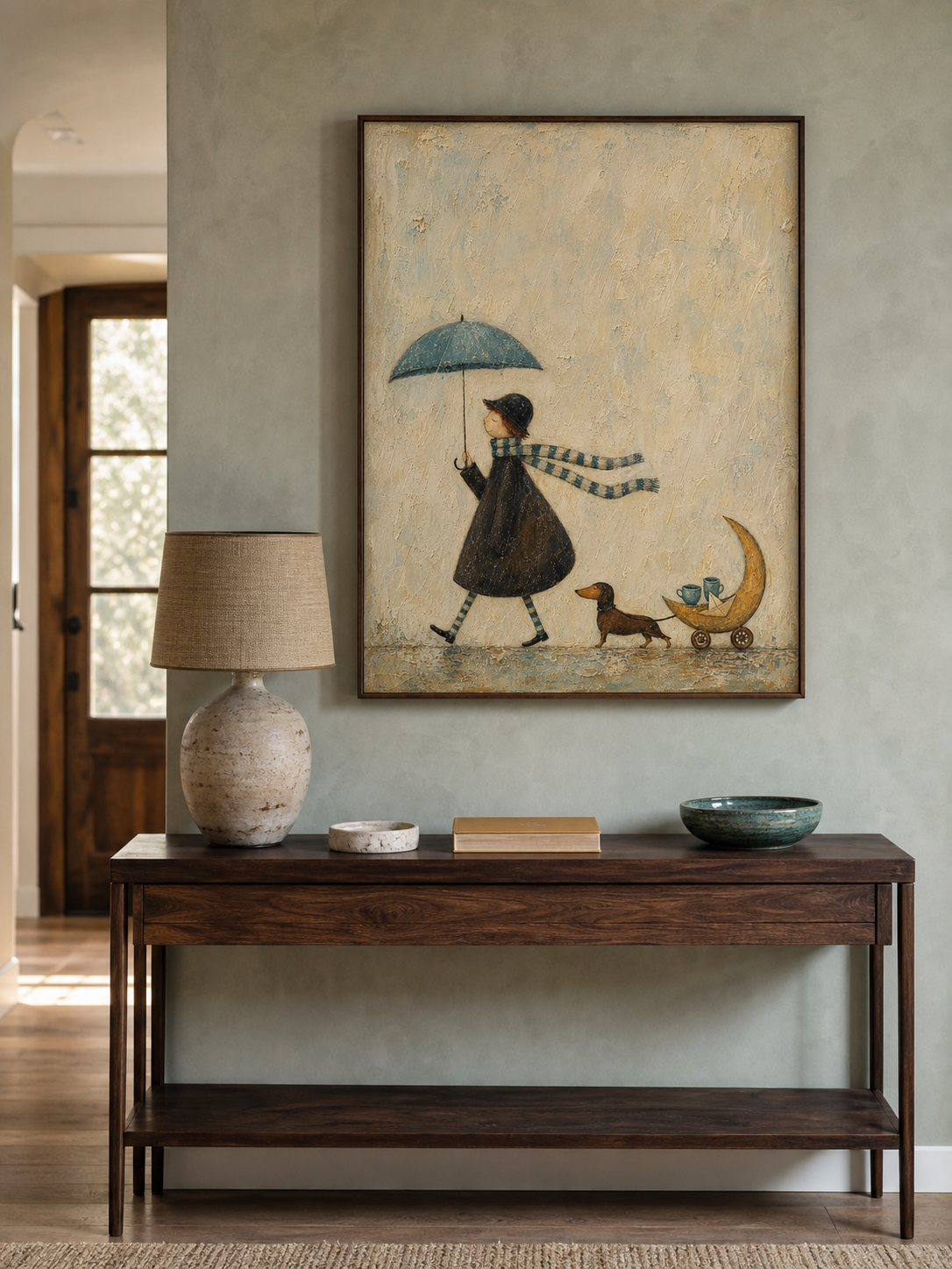 Whimsical Dachshund Canvas Art Moon Cart Tea Walk Neutral Cozy Wall Decor