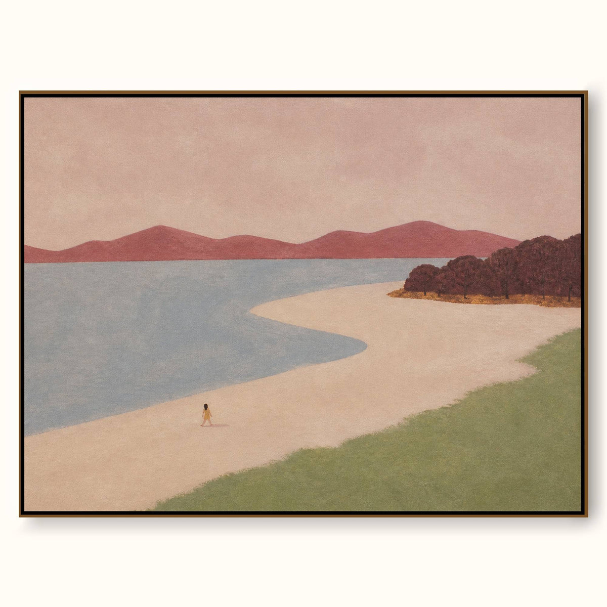Neutral Dusty Blue Beach Canvas Art With Lone Walker For Modern Bedroom Decor