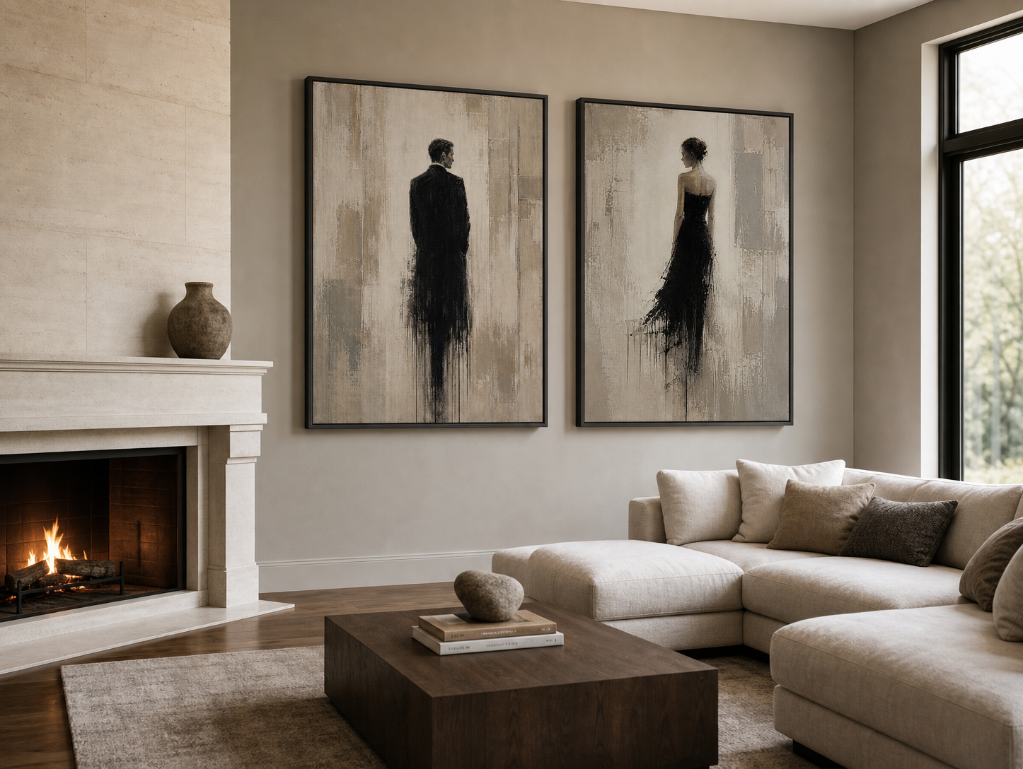 Abstract Figurative Oil Painting Diptych Beige And Black Human Forms For Living Room Wall