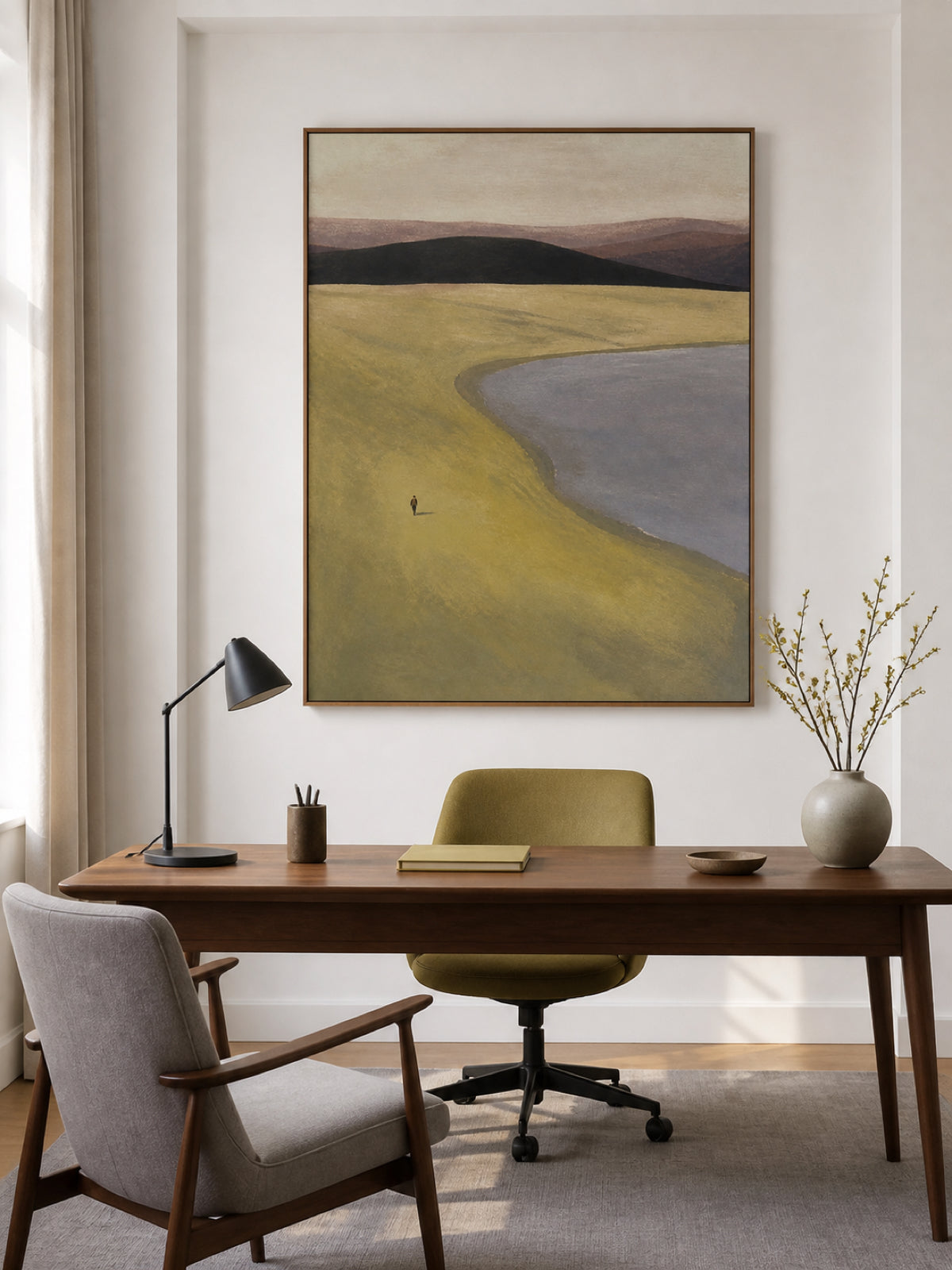 Olive Green Lakeside With A Lone Walker And Distant Hills Framed Painting