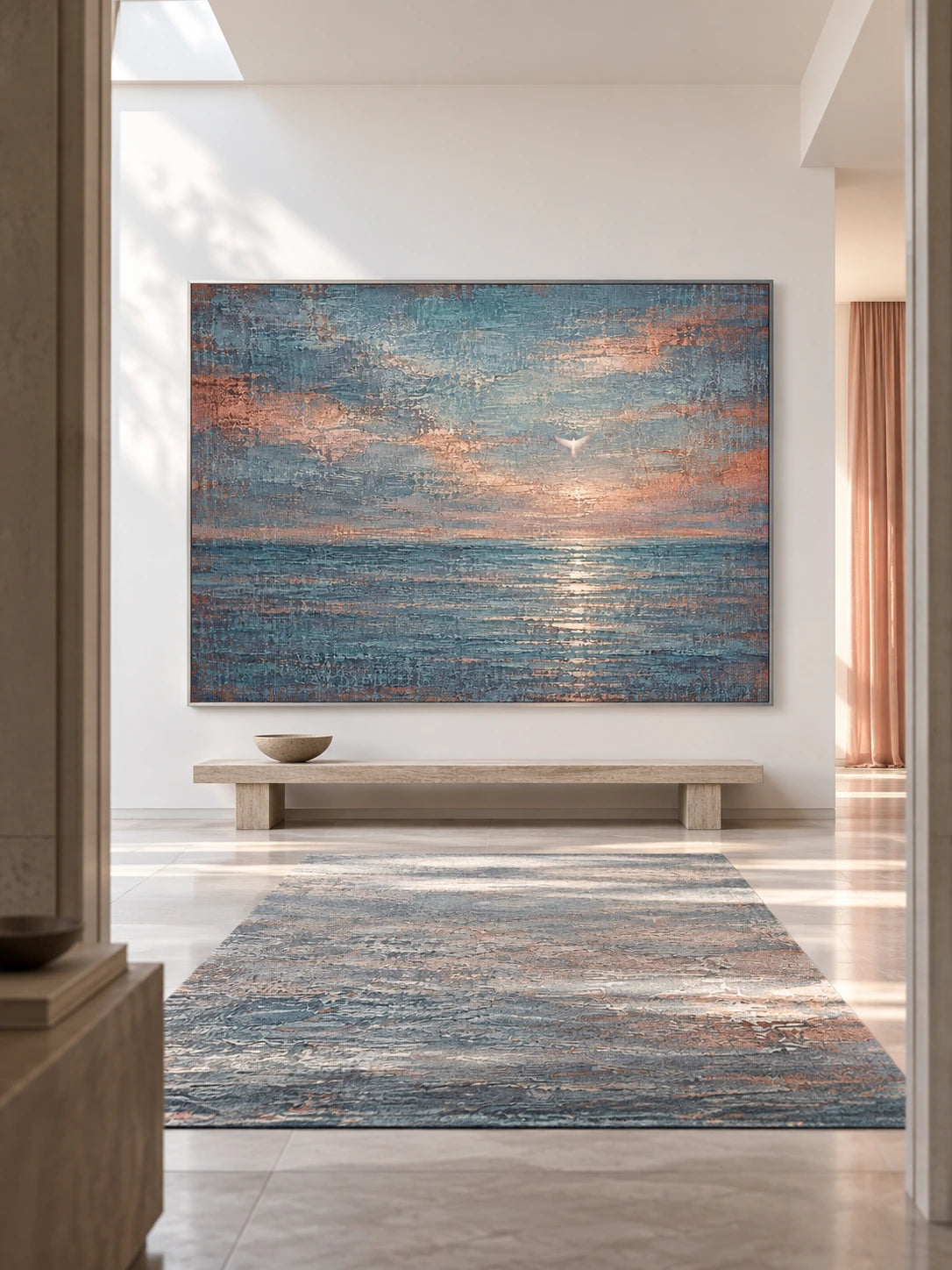Hand-Painted Teal Seascape Canvas Art With Bird For Modern Wall Decor