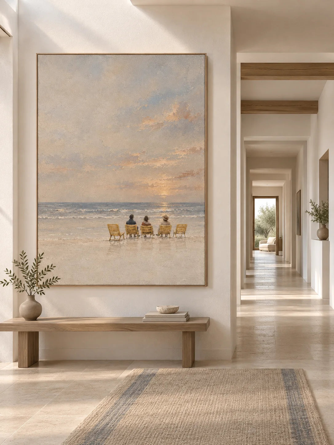 Calm Serene Minimalist Beach Canvas Art At Sunset For Modern Bedroom Decor