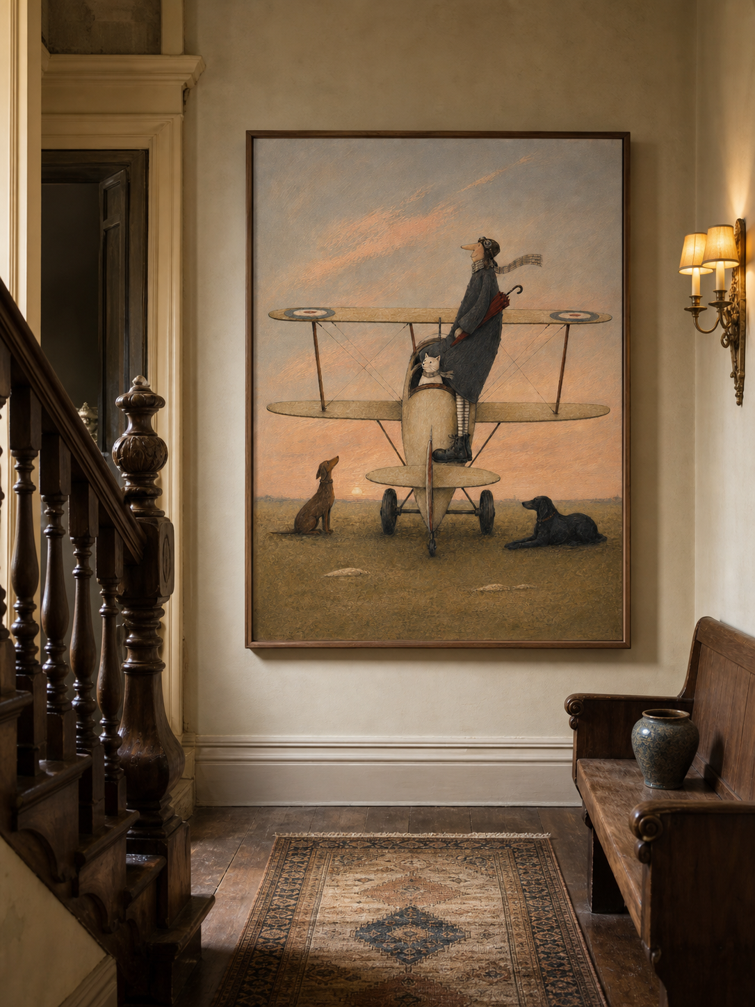 Sunset Biplane Whimsical Pilot Original Surrealist Painting