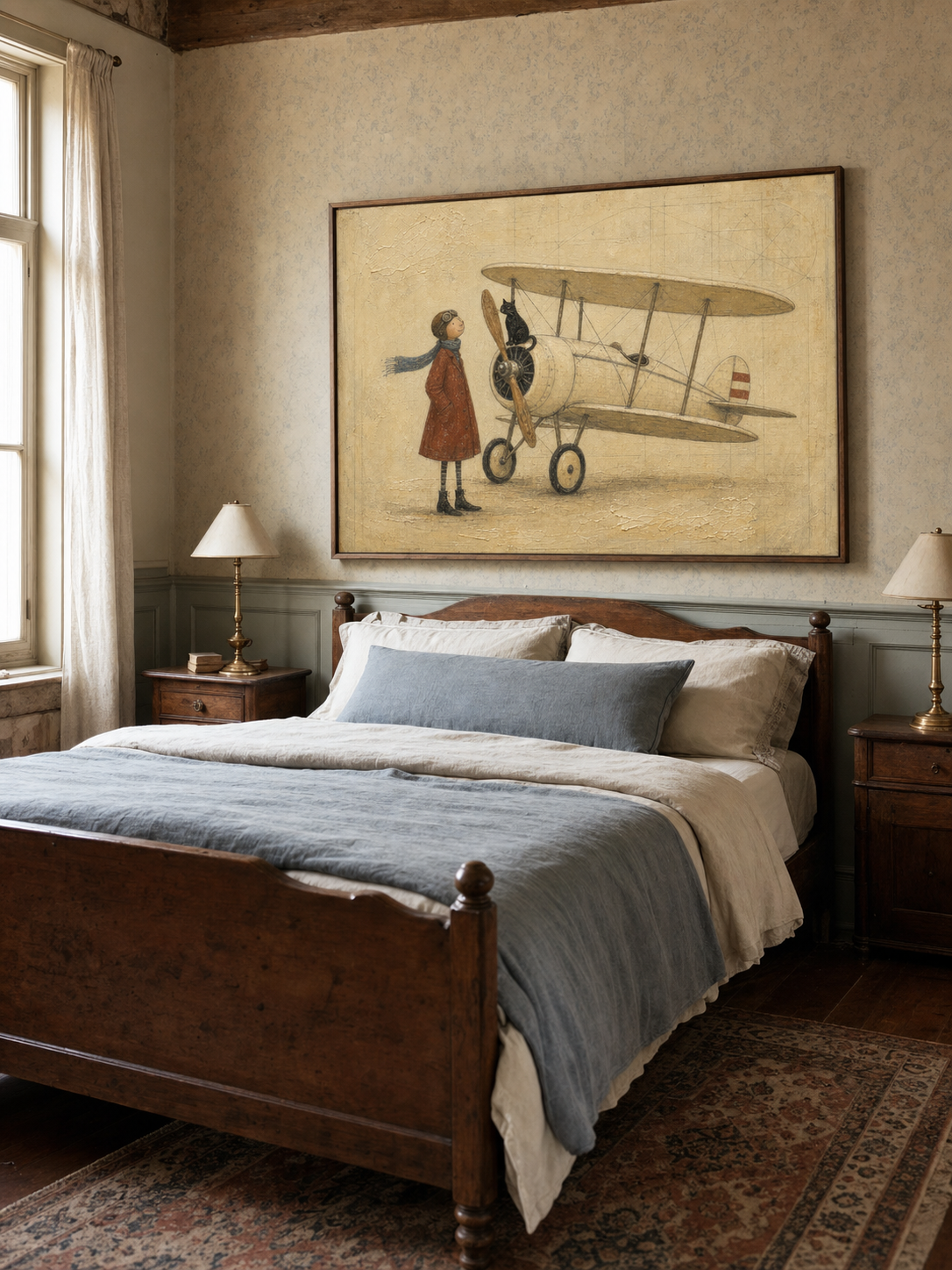 Vintage Pilot Painting With Biplane And Cat For Retro Home Decor