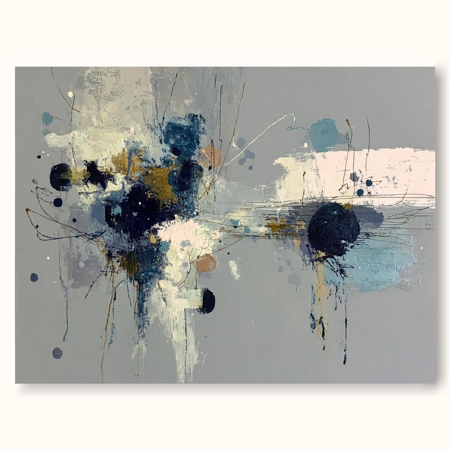 Square Abstract Floral Oil Painting Grey And Blue Minimalist Wall Art