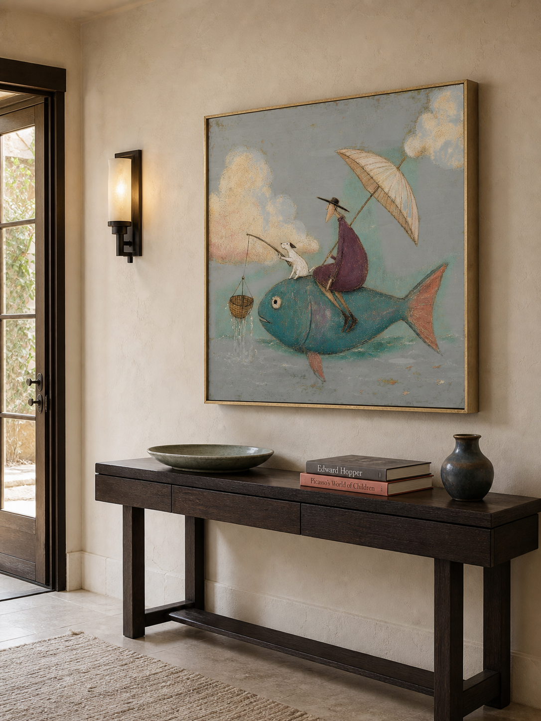 Whimsical Fish Riding Painting With Dog Vintage Surreal Wall Art For Living Room Decor