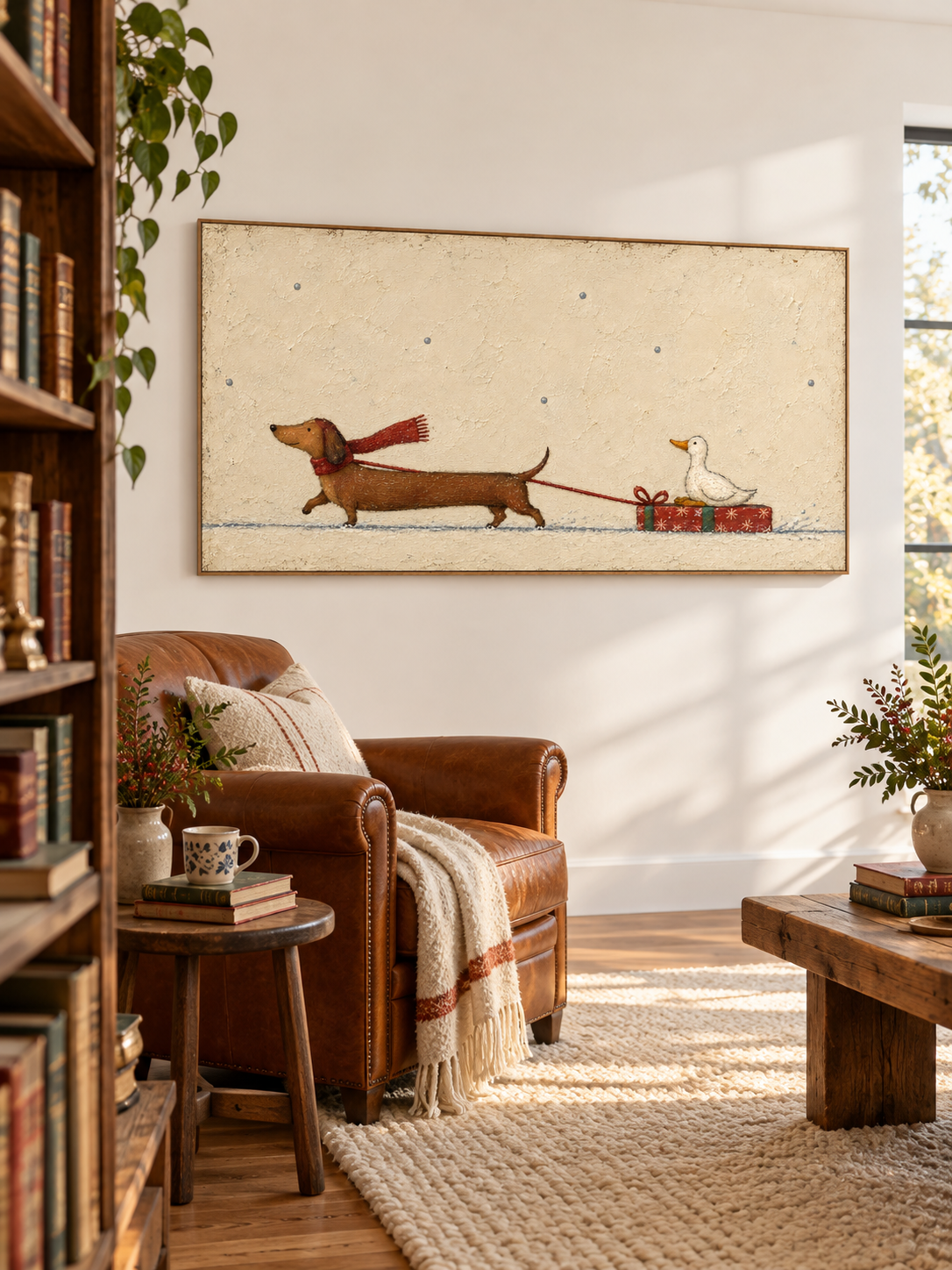 Minimalist Christmas Pet Painting Whimsical Dachshund And Duck Wall Art Canvas
